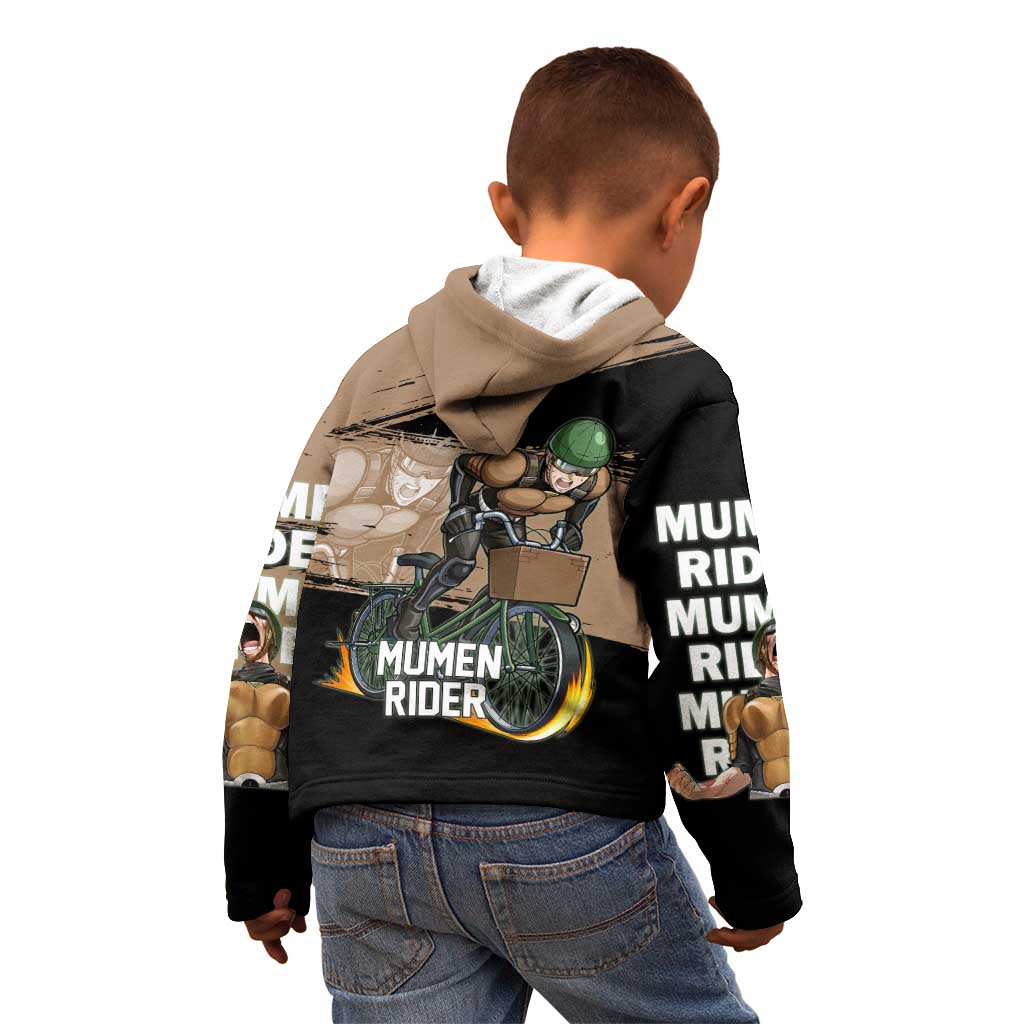 Mumen Rider One Punch Man Anime Brown and Black Kid Hoodie with Bicycle Hero Pose and Inspirational Determination Design - The Mazicc