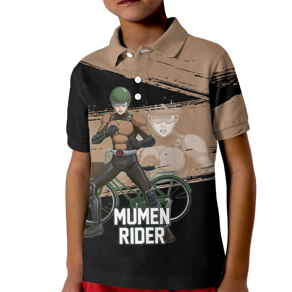 Mumen Rider One Punch Man Anime Brown and Black Kid Polo Shirt with Bicycle Hero Pose and Inspirational Determination Design - The Mazicc