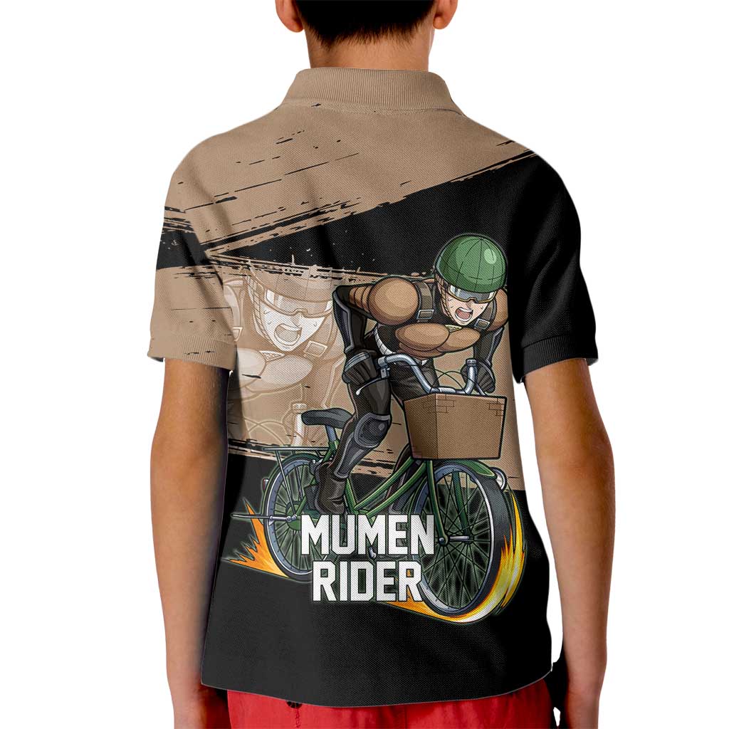 Mumen Rider One Punch Man Anime Brown and Black Kid Polo Shirt with Bicycle Hero Pose and Inspirational Determination Design - The Mazicc