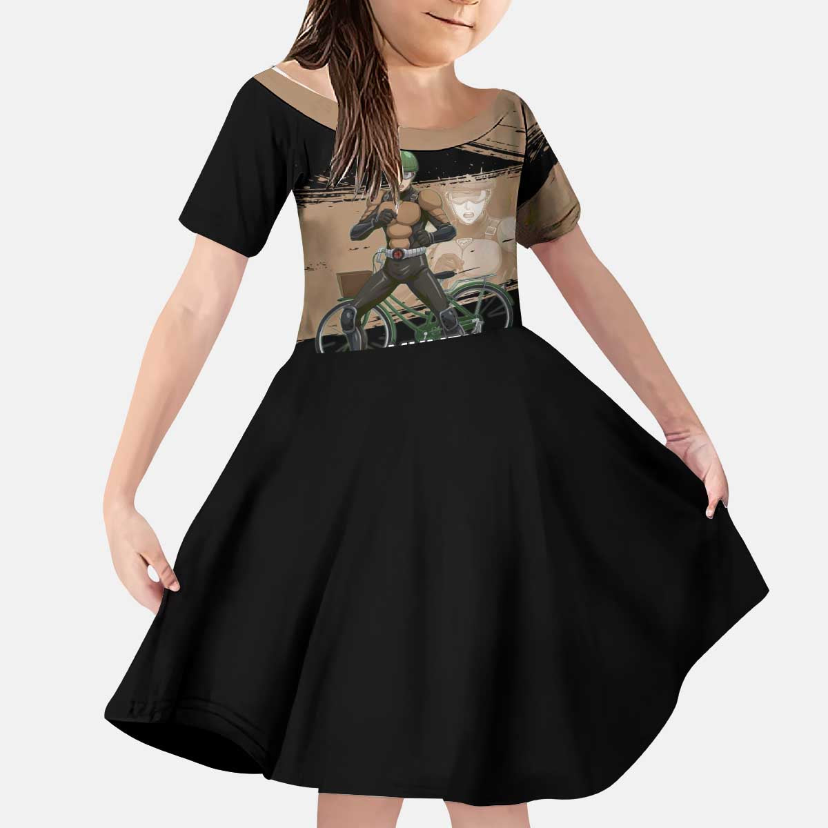 Mumen Rider One Punch Man Anime Brown and Black Kid Short Sleeve Dress with Bicycle Hero Pose and Inspirational Determination Design - The Mazicc