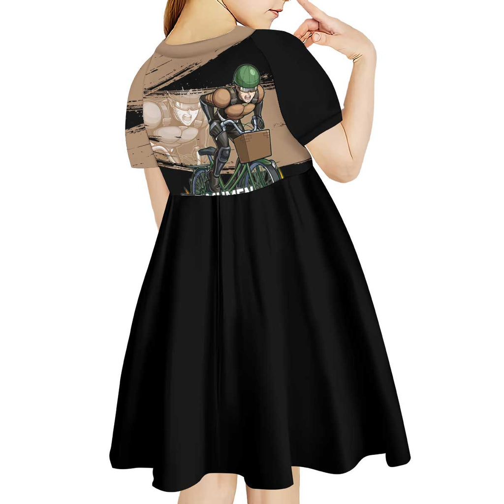 Mumen Rider One Punch Man Anime Brown and Black Kid Short Sleeve Dress with Bicycle Hero Pose and Inspirational Determination Design - The Mazicc
