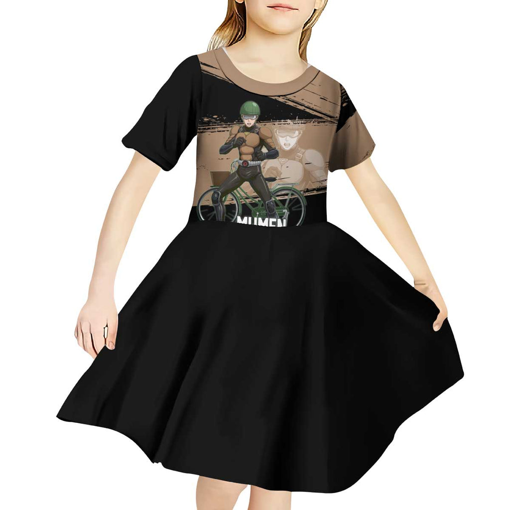Mumen Rider One Punch Man Anime Brown and Black Kid Short Sleeve Dress with Bicycle Hero Pose and Inspirational Determination Design - The Mazicc