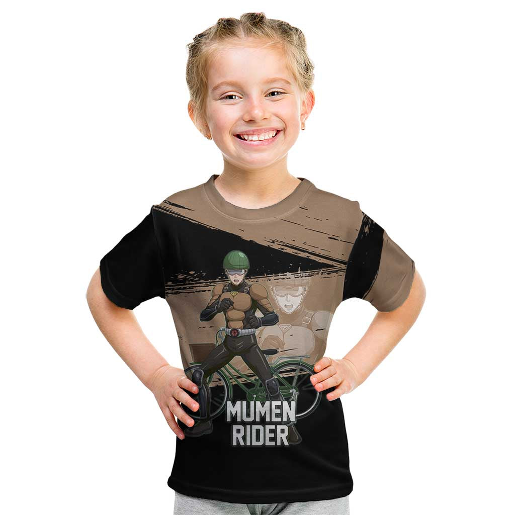 Mumen Rider One Punch Man Anime Brown and Black Kid T Shirt with Bicycle Hero Pose and Inspirational Determination Design - The Mazicc