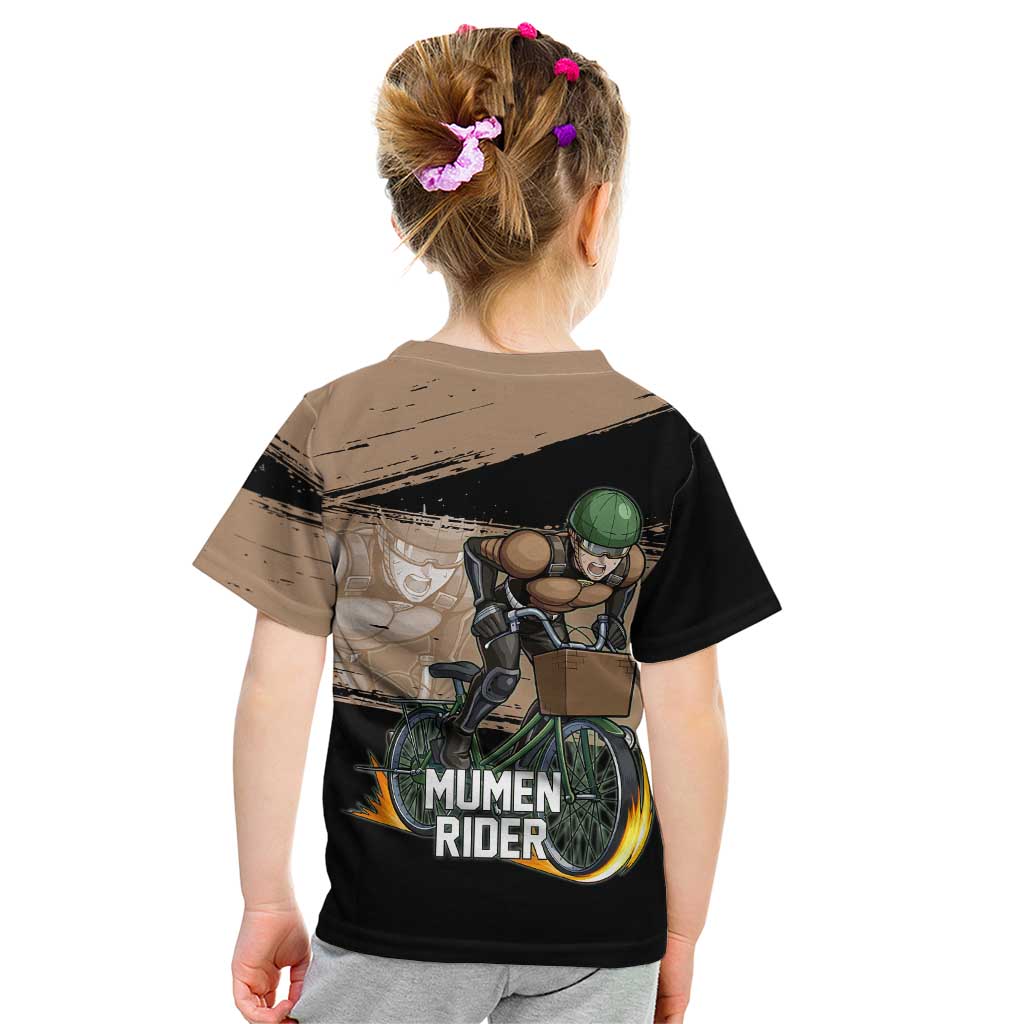 Mumen Rider One Punch Man Anime Brown and Black Kid T Shirt with Bicycle Hero Pose and Inspirational Determination Design - The Mazicc
