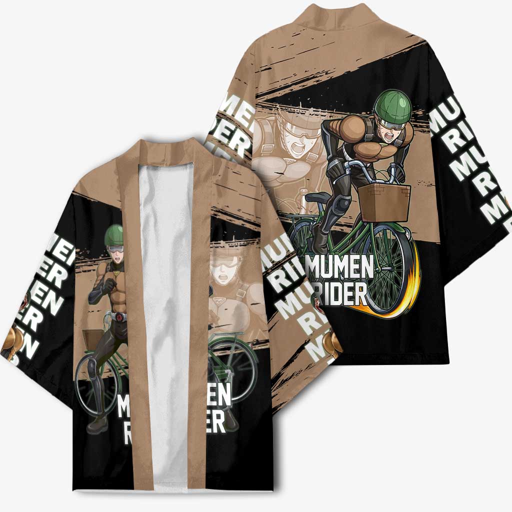 Mumen Rider One Punch Man Anime Brown and Black Kimono with Bicycle Hero Pose and Inspirational Determination Design - The Mazicc