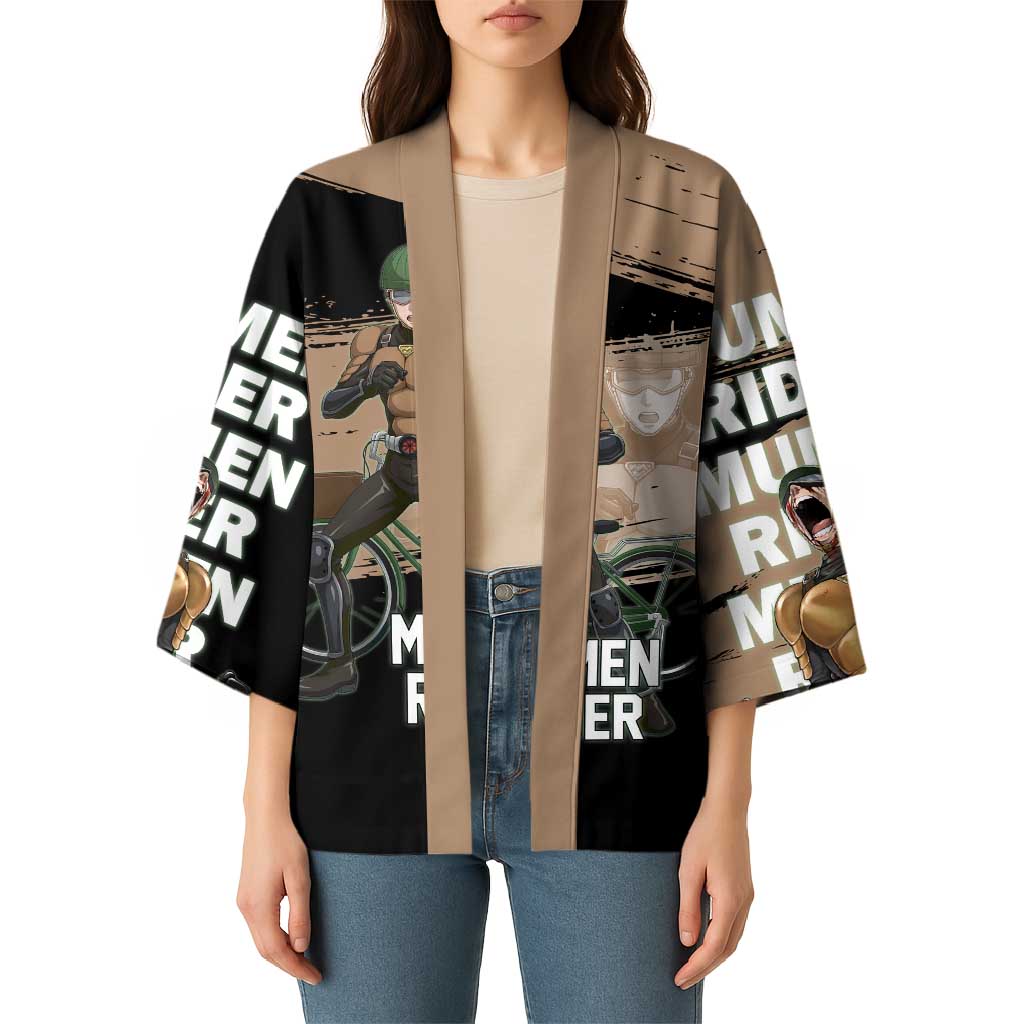 Mumen Rider One Punch Man Anime Brown and Black Kimono with Bicycle Hero Pose and Inspirational Determination Design - The Mazicc