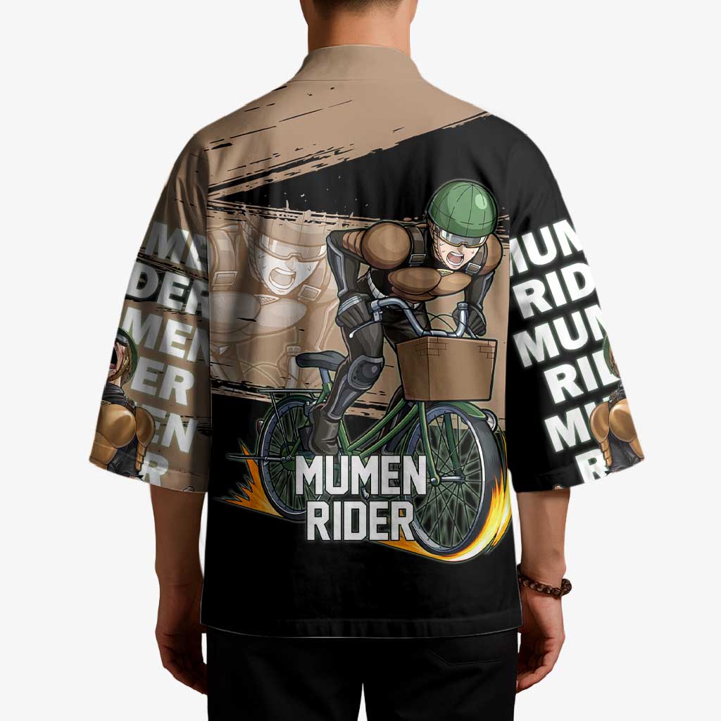 Mumen Rider One Punch Man Anime Brown and Black Kimono with Bicycle Hero Pose and Inspirational Determination Design - The Mazicc