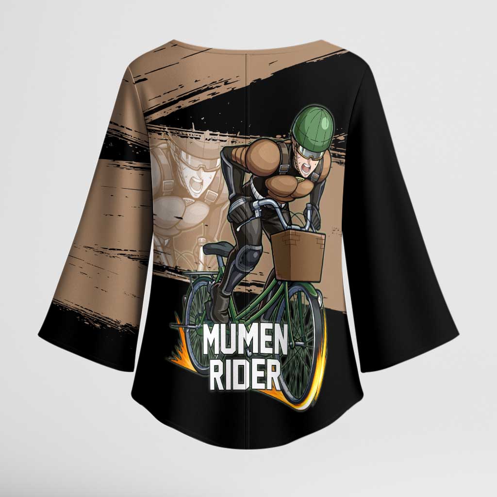 Mumen Rider One Punch Man Anime Brown and Black Kimono Sleeve Blouse with Bicycle Hero Pose and Inspirational Determination Design - The Mazicc