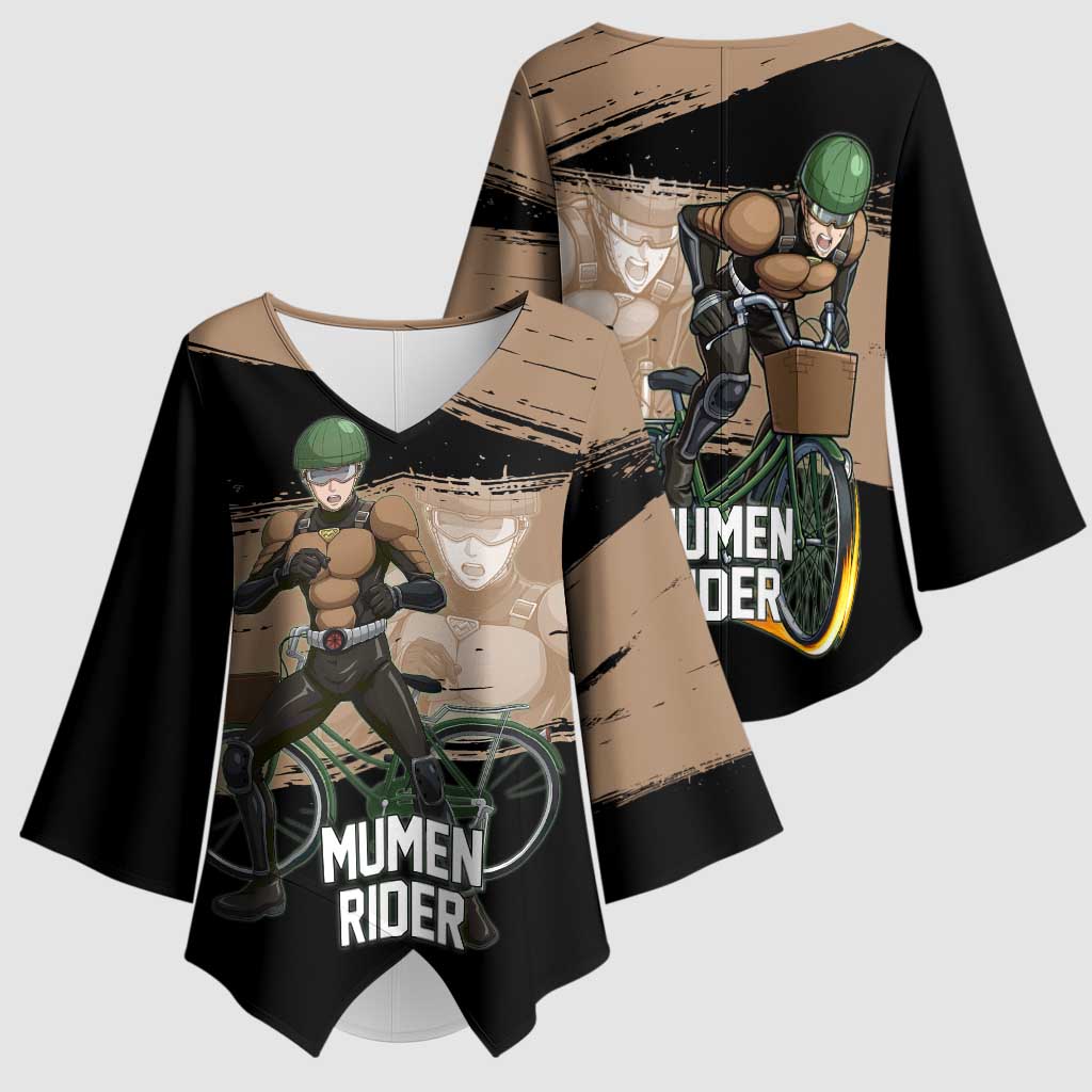 Mumen Rider One Punch Man Anime Brown and Black Kimono Sleeve Blouse with Bicycle Hero Pose and Inspirational Determination Design - The Mazicc