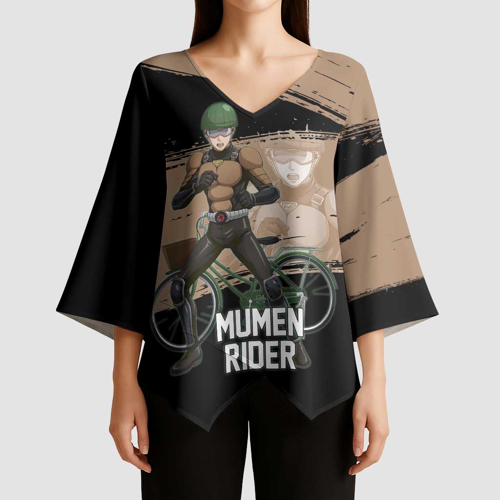 Mumen Rider One Punch Man Anime Brown and Black Kimono Sleeve Blouse with Bicycle Hero Pose and Inspirational Determination Design - The Mazicc