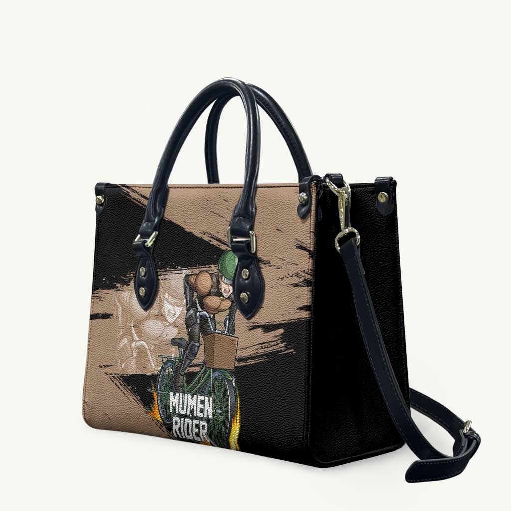 Mumen Rider One Punch Man Anime Brown and Black Leather Bag with Bicycle Hero Pose and Inspirational Determination Design - The Mazicc