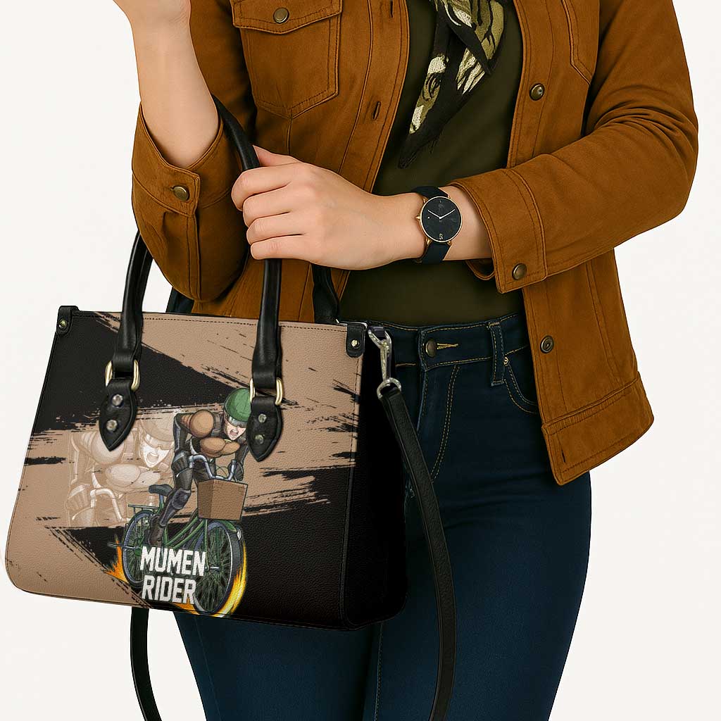 Mumen Rider One Punch Man Anime Brown and Black Leather Bag with Bicycle Hero Pose and Inspirational Determination Design - The Mazicc