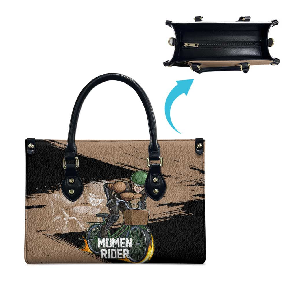 Mumen Rider One Punch Man Anime Brown and Black Leather Bag with Bicycle Hero Pose and Inspirational Determination Design - The Mazicc