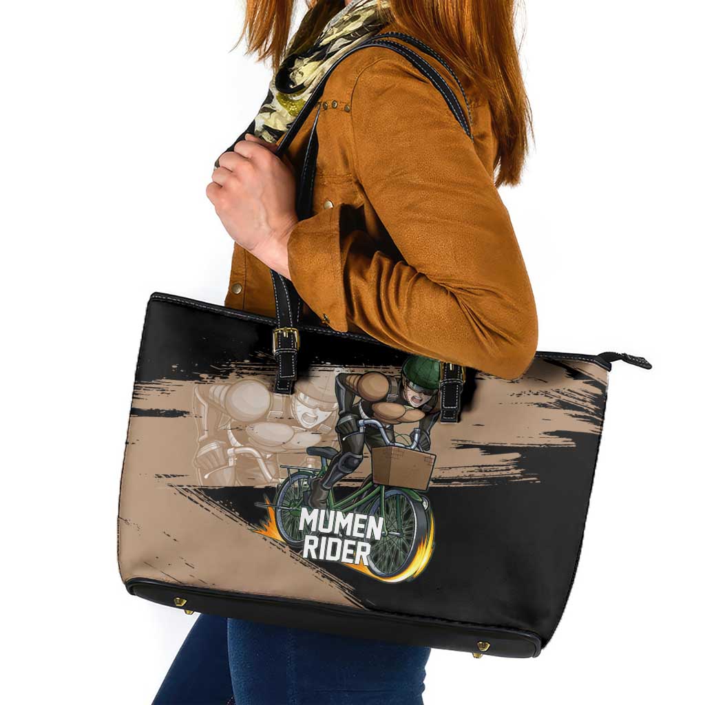 Mumen Rider One Punch Man Anime Brown and Black Leather Tote Bag with Bicycle Hero Pose and Inspirational Determination Design - The Mazicc