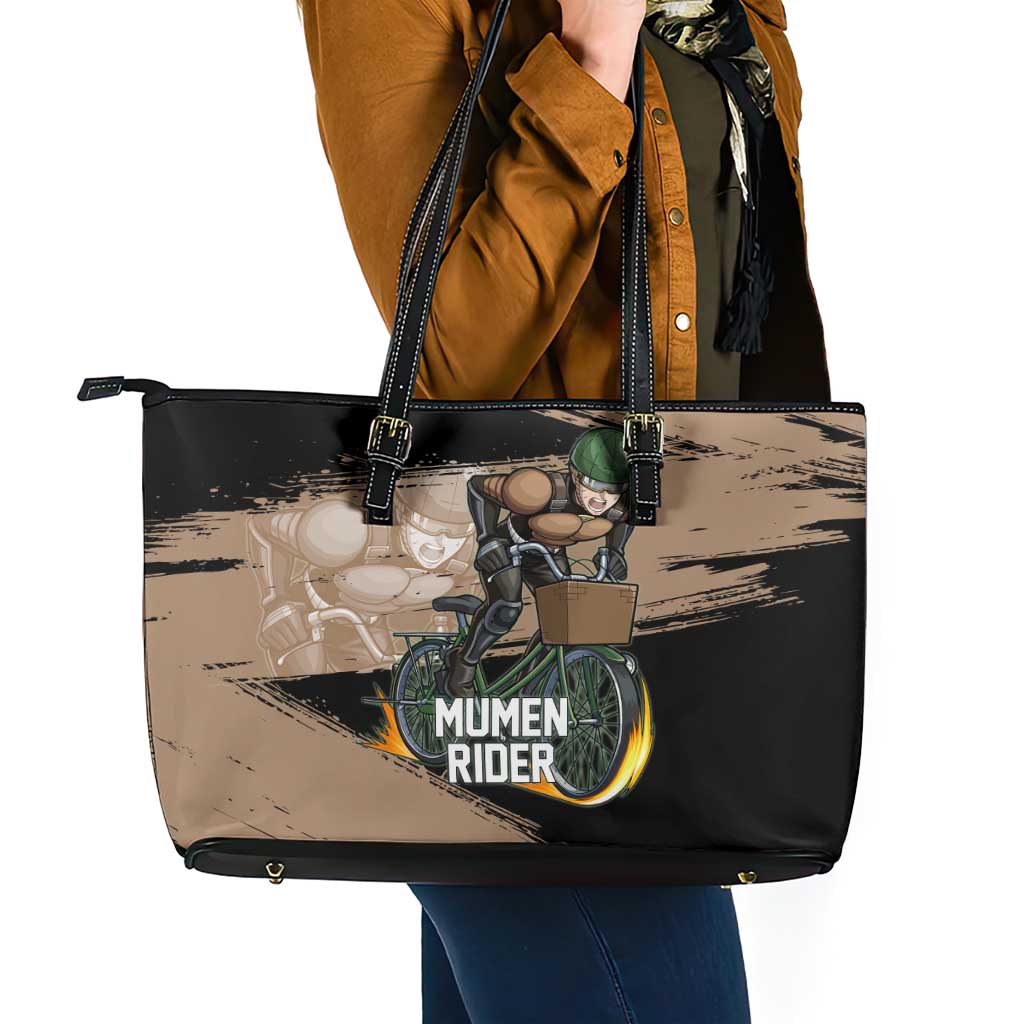 Mumen Rider One Punch Man Anime Brown and Black Leather Tote Bag with Bicycle Hero Pose and Inspirational Determination Design - The Mazicc