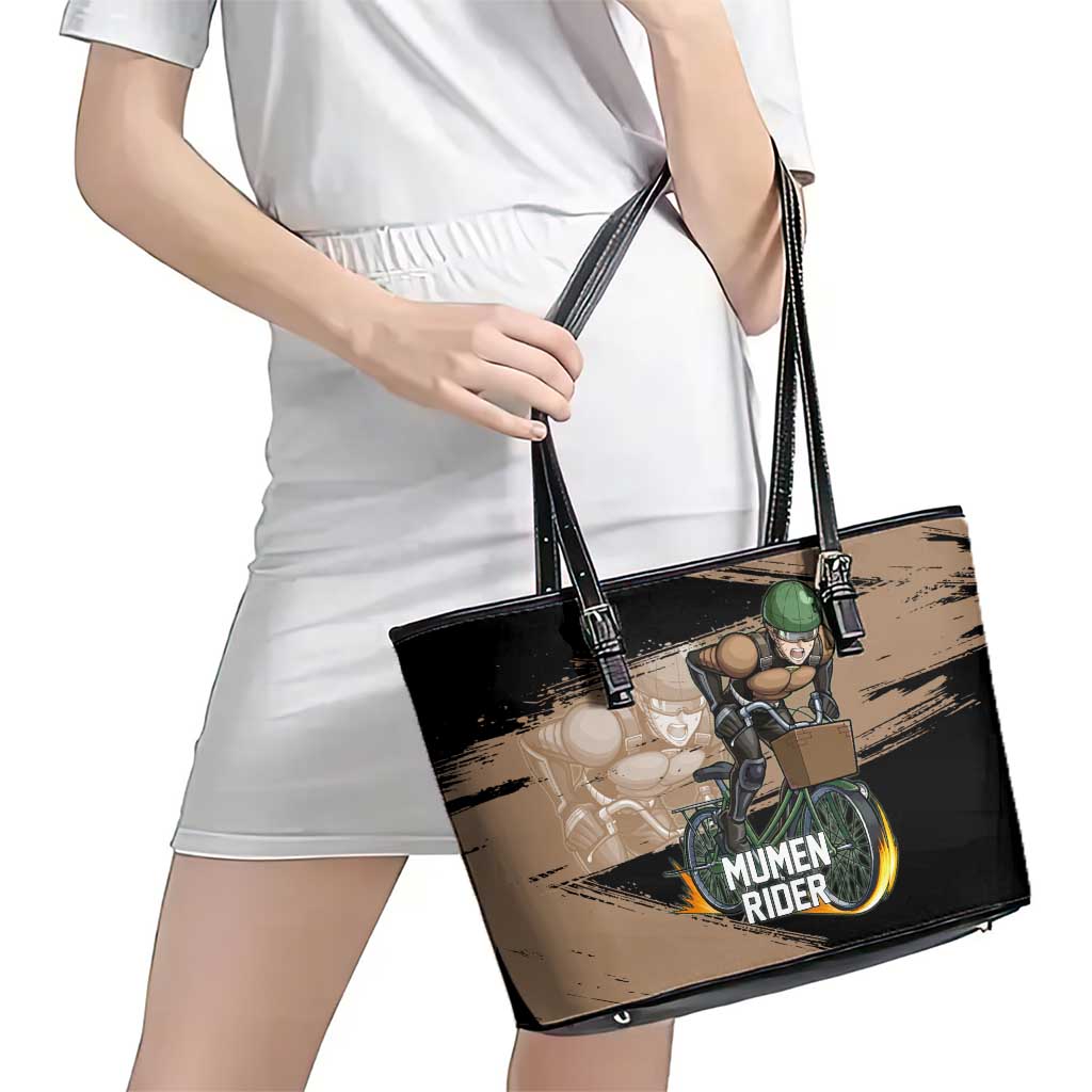 Mumen Rider One Punch Man Anime Brown and Black Leather Tote Bag with Bicycle Hero Pose and Inspirational Determination Design - The Mazicc