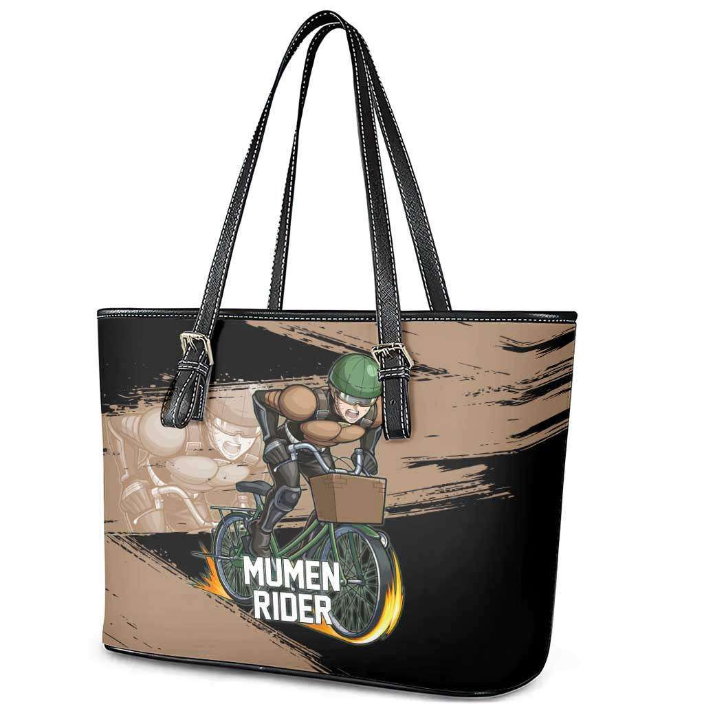 Mumen Rider One Punch Man Anime Brown and Black Leather Tote Bag with Bicycle Hero Pose and Inspirational Determination Design - The Mazicc