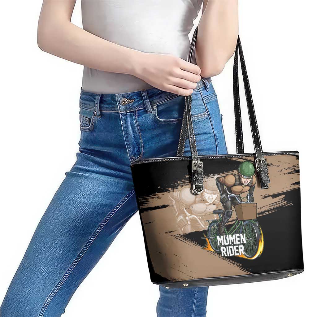 Mumen Rider One Punch Man Anime Brown and Black Leather Tote Bag with Bicycle Hero Pose and Inspirational Determination Design - The Mazicc