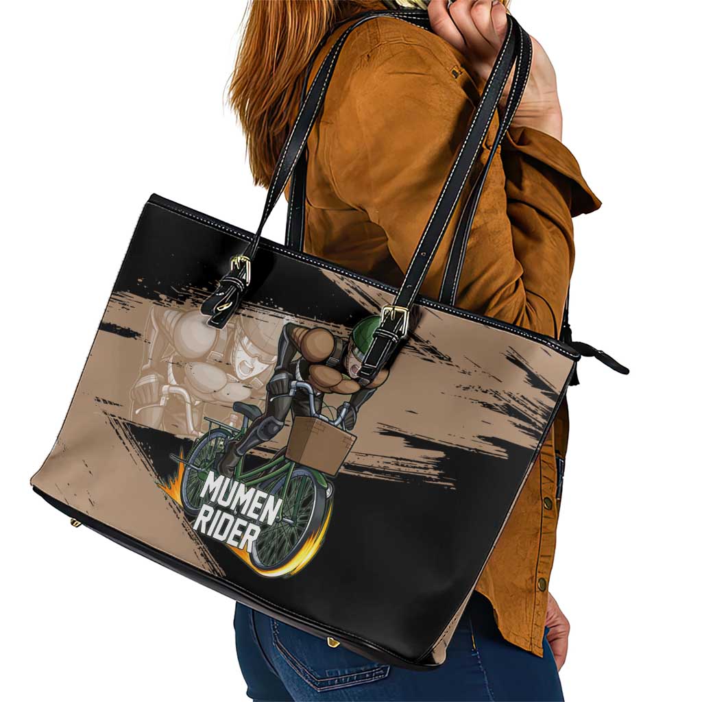 Mumen Rider One Punch Man Anime Brown and Black Leather Tote Bag with Bicycle Hero Pose and Inspirational Determination Design - The Mazicc