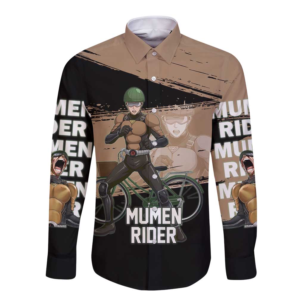 Mumen Rider One Punch Man Anime Brown and Black Long Sleeve Button Shirt with Bicycle Hero Pose and Inspirational Determination Design - The Mazicc