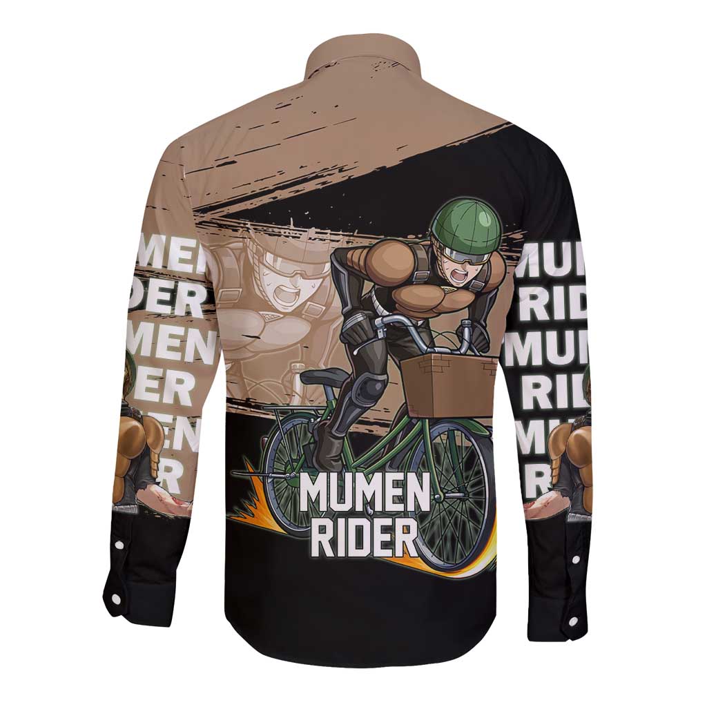 Mumen Rider One Punch Man Anime Brown and Black Long Sleeve Button Shirt with Bicycle Hero Pose and Inspirational Determination Design - The Mazicc