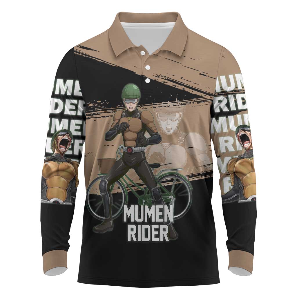 Mumen Rider One Punch Man Anime Brown and Black Long Sleeve Polo Shirt with Bicycle Hero Pose and Inspirational Determination Design - The Mazicc
