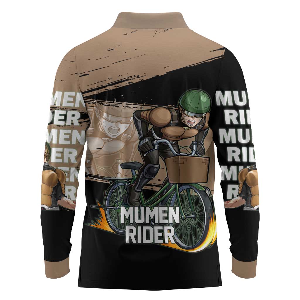 Mumen Rider One Punch Man Anime Brown and Black Long Sleeve Polo Shirt with Bicycle Hero Pose and Inspirational Determination Design - The Mazicc