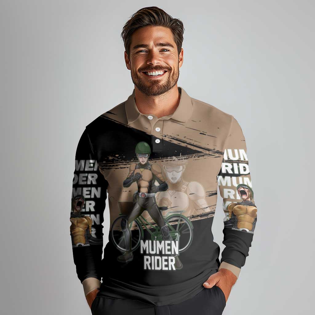 Mumen Rider One Punch Man Anime Brown and Black Long Sleeve Polo Shirt with Bicycle Hero Pose and Inspirational Determination Design - The Mazicc