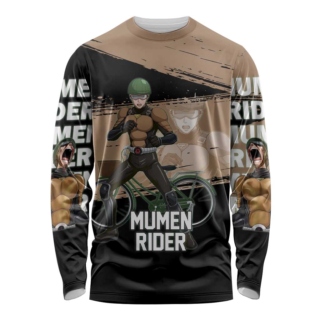 Mumen Rider One Punch Man Anime Brown and Black Long Sleeve Shirt with Bicycle Hero Pose and Inspirational Determination Design - The Mazicc