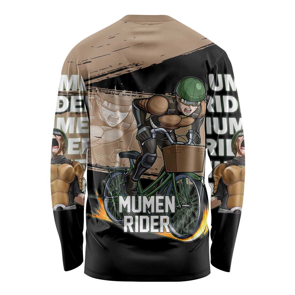 Mumen Rider One Punch Man Anime Brown and Black Long Sleeve Shirt with Bicycle Hero Pose and Inspirational Determination Design - The Mazicc