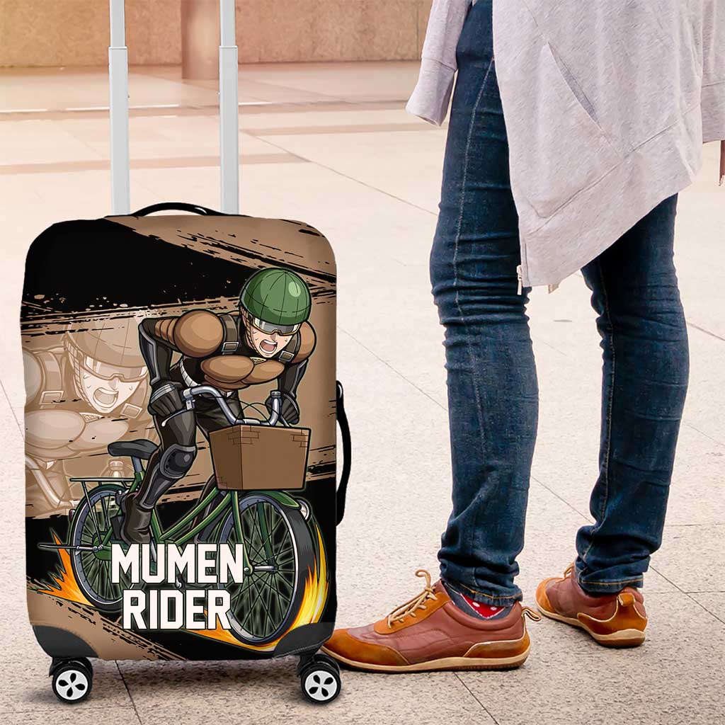 Mumen Rider One Punch Man Anime Brown and Black Luggage Cover with Bicycle Hero Pose and Inspirational Determination Design - The Mazicc