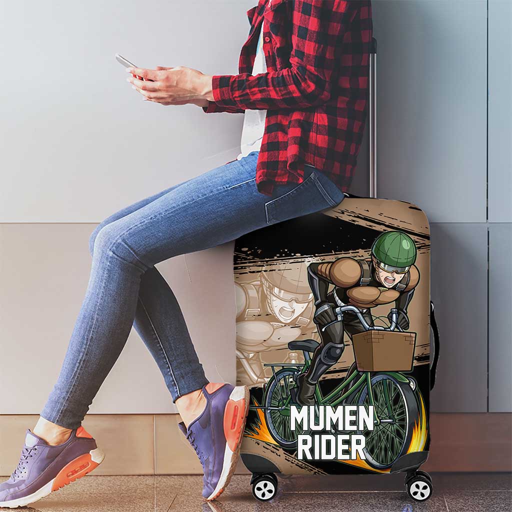 Mumen Rider One Punch Man Anime Brown and Black Luggage Cover with Bicycle Hero Pose and Inspirational Determination Design - The Mazicc