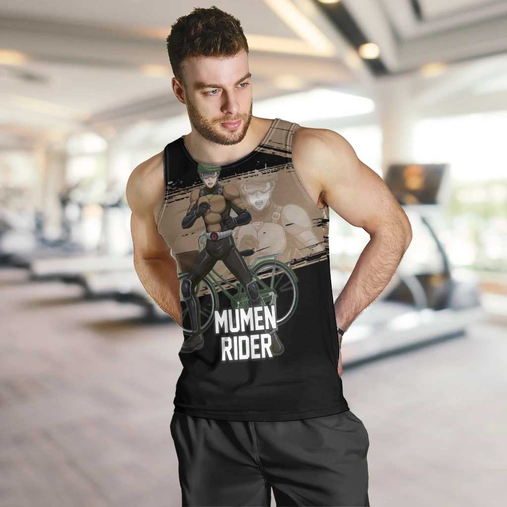 Mumen Rider One Punch Man Anime Brown and Black Men Tank Top with Bicycle Hero Pose and Inspirational Determination Design - The Mazicc