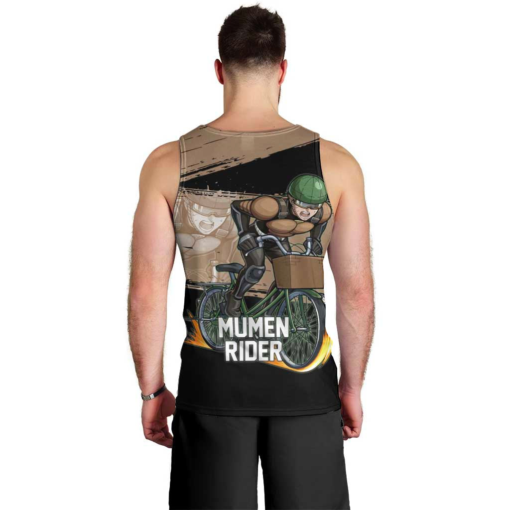 Mumen Rider One Punch Man Anime Brown and Black Men Tank Top with Bicycle Hero Pose and Inspirational Determination Design - The Mazicc