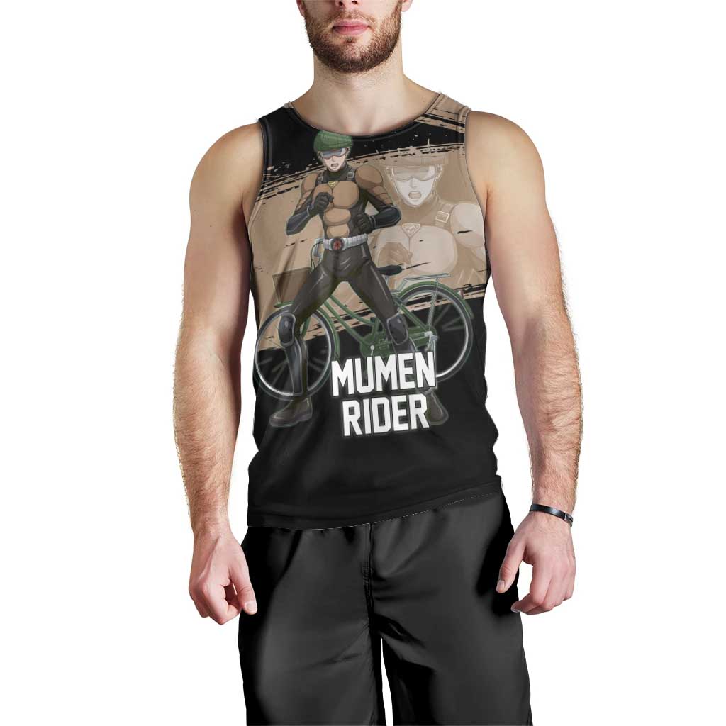 Mumen Rider One Punch Man Anime Brown and Black Men Tank Top with Bicycle Hero Pose and Inspirational Determination Design - The Mazicc