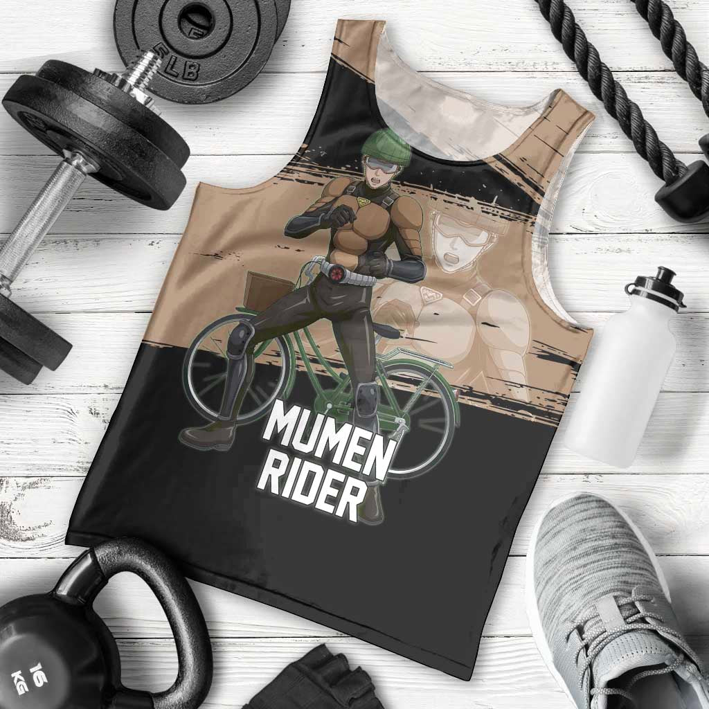 Mumen Rider One Punch Man Anime Brown and Black Men Tank Top with Bicycle Hero Pose and Inspirational Determination Design - The Mazicc