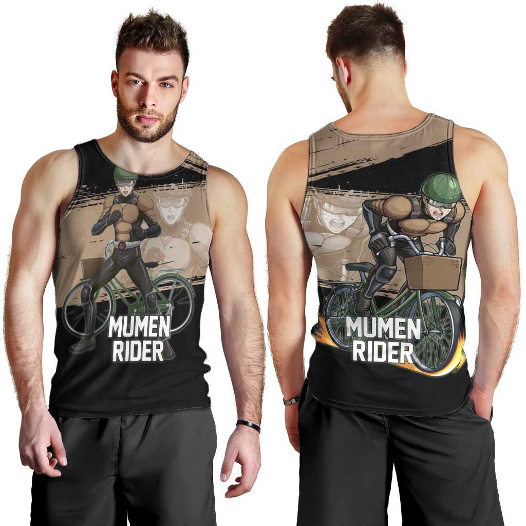 Mumen Rider One Punch Man Anime Brown and Black Men Tank Top with Bicycle Hero Pose and Inspirational Determination Design - The Mazicc