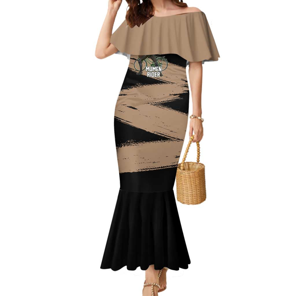 Mumen Rider One Punch Man Anime Brown and Black Mermaid Dress with Bicycle Hero Pose and Inspirational Determination Design - The Mazicc