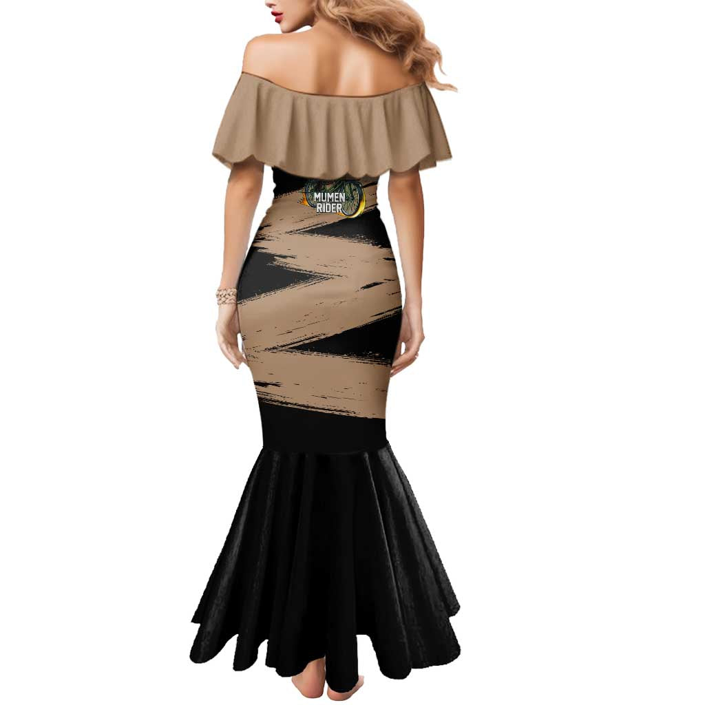 Mumen Rider One Punch Man Anime Brown and Black Mermaid Dress with Bicycle Hero Pose and Inspirational Determination Design - The Mazicc