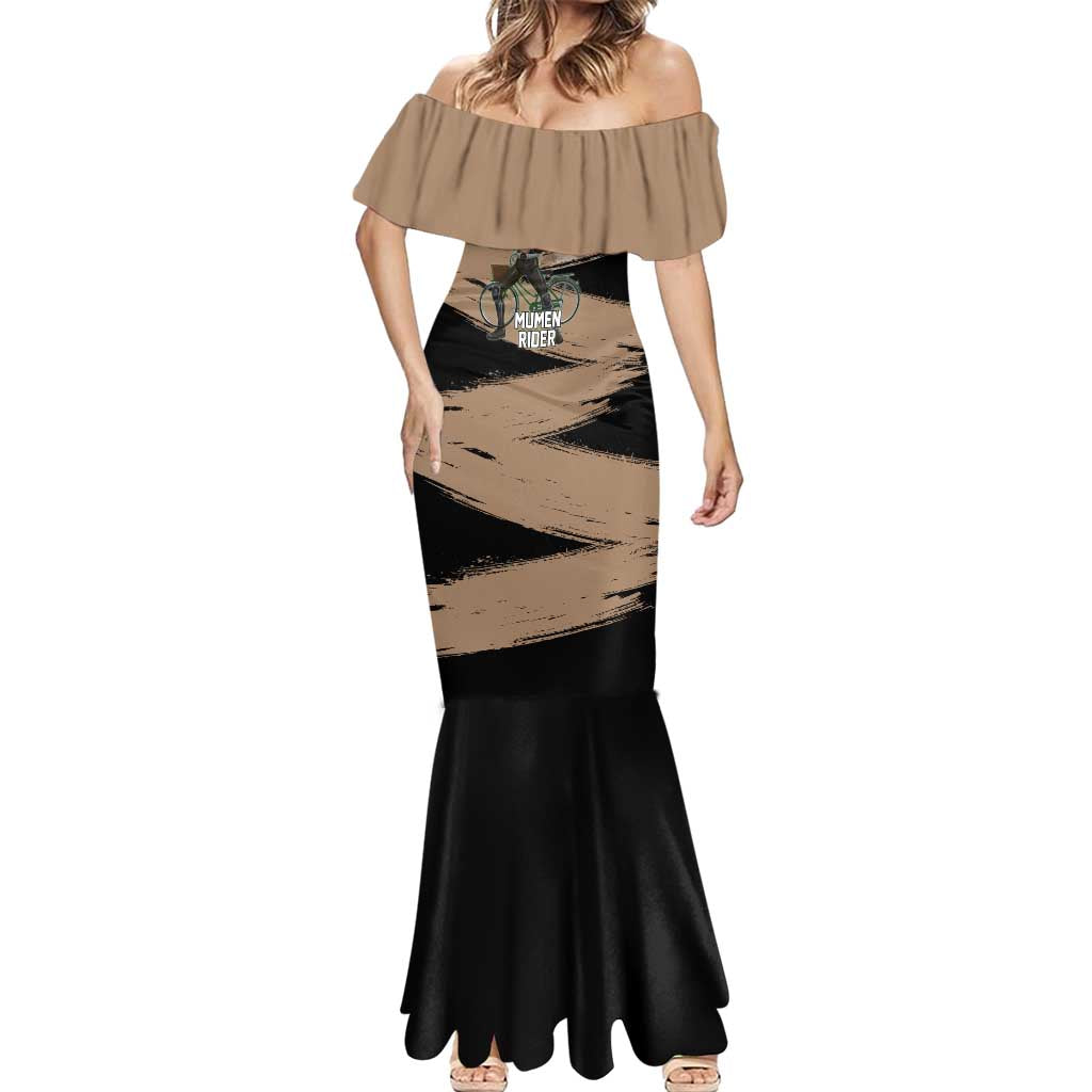 Mumen Rider One Punch Man Anime Brown and Black Mermaid Dress with Bicycle Hero Pose and Inspirational Determination Design - The Mazicc