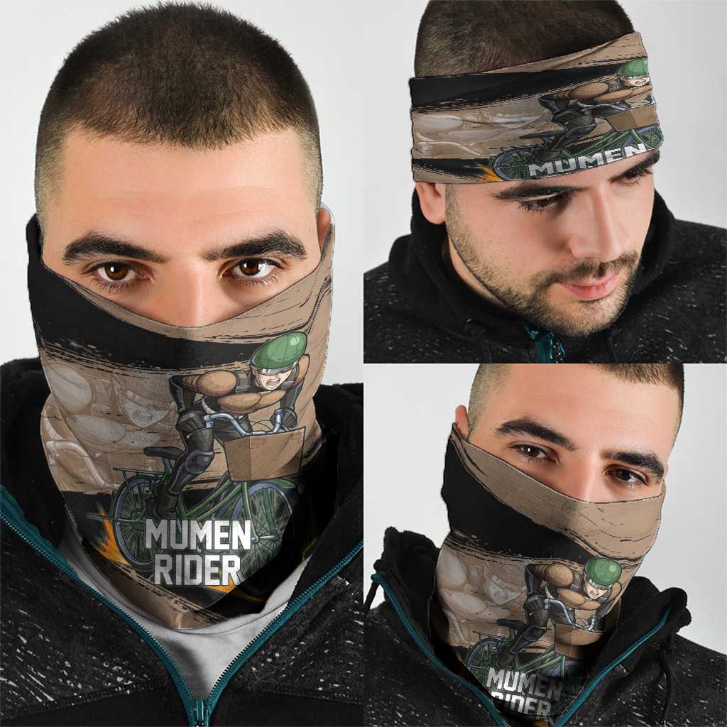 Mumen Rider One Punch Man Anime Brown and Black Neck Gaiter with Bicycle Hero Pose and Inspirational Determination Design - The Mazicc