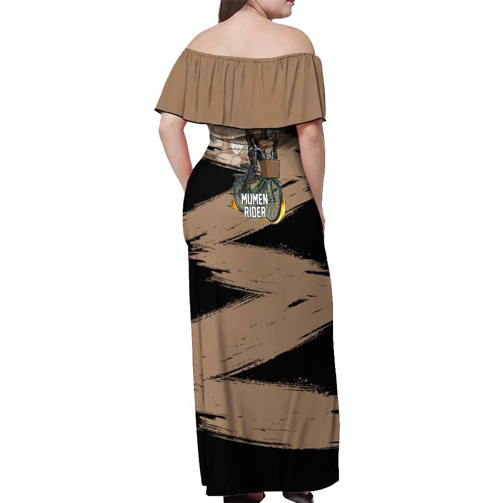 Mumen Rider One Punch Man Anime Brown and Black Off Shoulder Maxi Dress with Bicycle Hero Pose and Inspirational Determination Design - The Mazicc