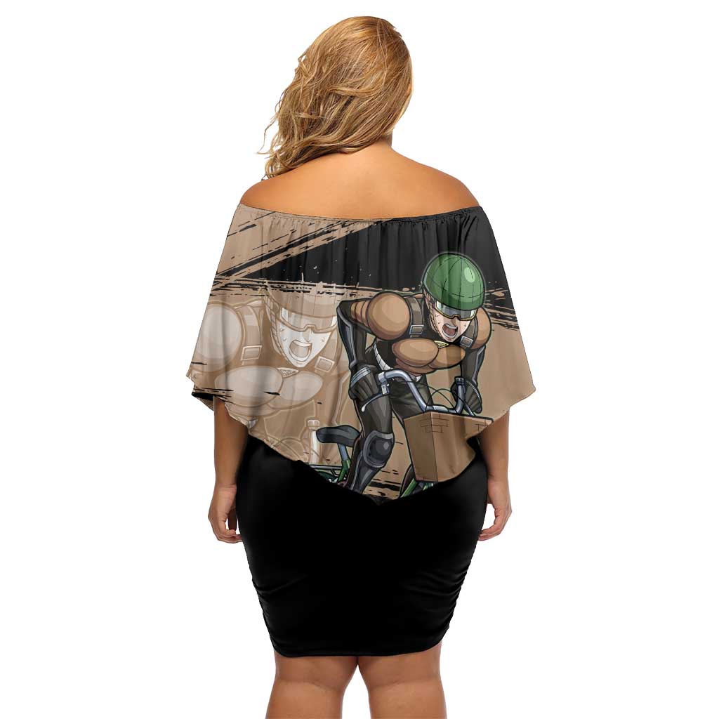 Mumen Rider One Punch Man Anime Brown and Black Off Shoulder Short Dress with Bicycle Hero Pose and Inspirational Determination Design - The Mazicc