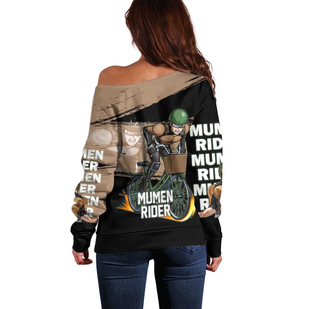 Mumen Rider One Punch Man Anime Brown and Black Off Shoulder Sweater with Bicycle Hero Pose and Inspirational Determination Design - The Mazicc