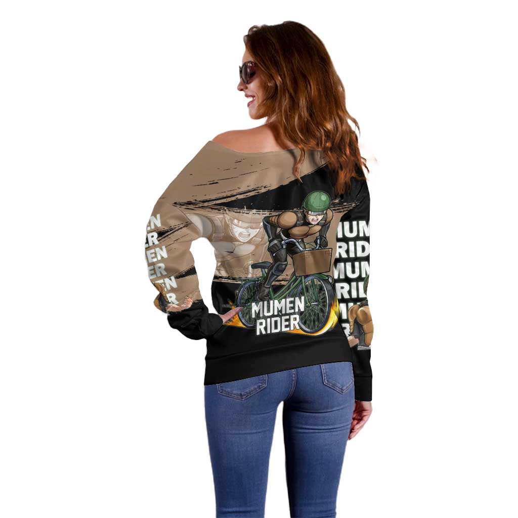 Mumen Rider One Punch Man Anime Brown and Black Off Shoulder Sweater with Bicycle Hero Pose and Inspirational Determination Design - The Mazicc