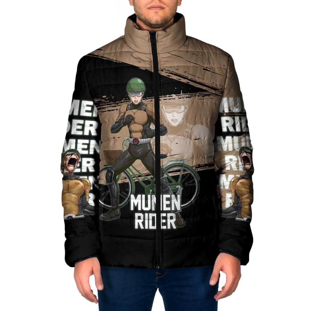 Mumen Rider One Punch Man Anime Brown and Black Padded Jacket with Bicycle Hero Pose and Inspirational Determination Design - The Mazicc