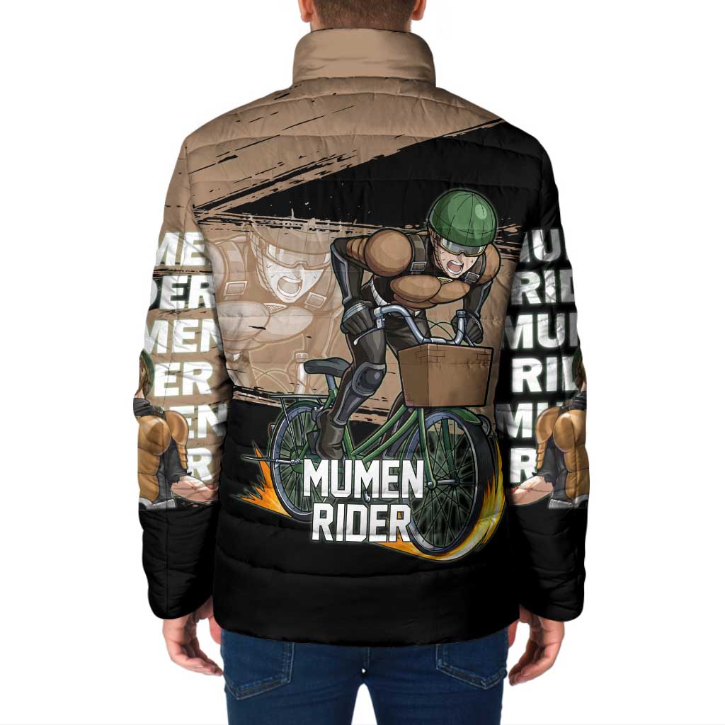 Mumen Rider One Punch Man Anime Brown and Black Padded Jacket with Bicycle Hero Pose and Inspirational Determination Design - The Mazicc