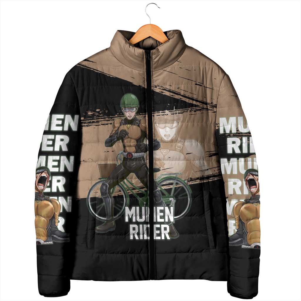 Mumen Rider One Punch Man Anime Brown and Black Padded Jacket with Bicycle Hero Pose and Inspirational Determination Design - The Mazicc