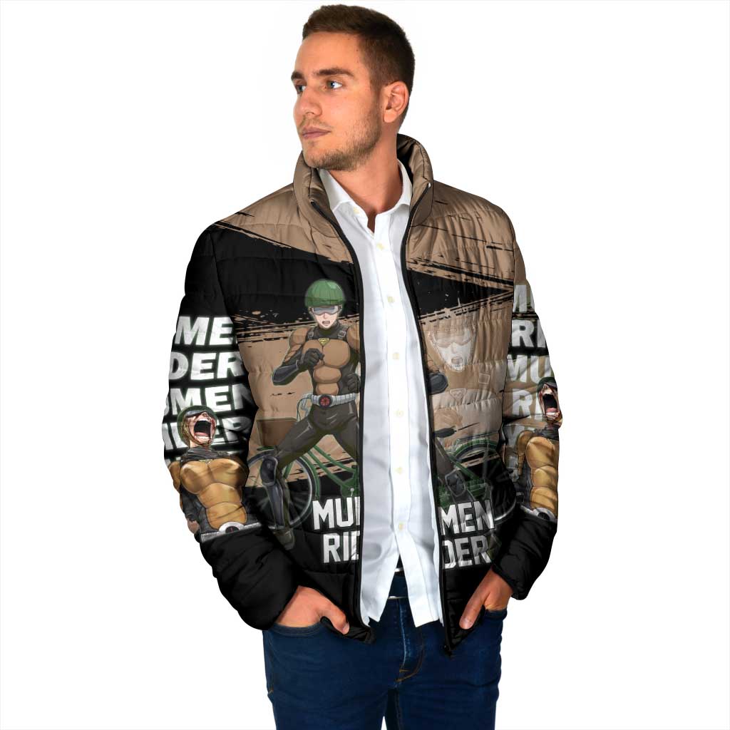 Mumen Rider One Punch Man Anime Brown and Black Padded Jacket with Bicycle Hero Pose and Inspirational Determination Design - The Mazicc