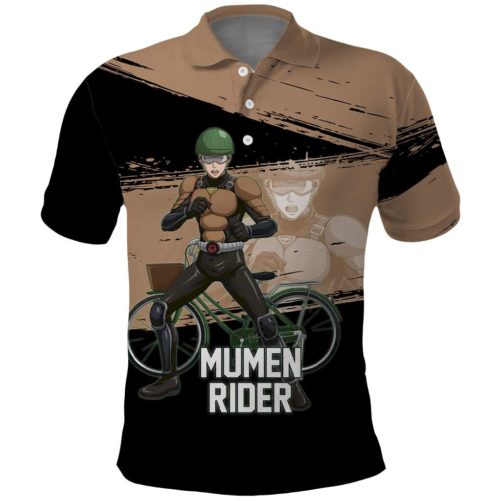 Mumen Rider One Punch Man Anime Brown and Black Polo Shirt with Bicycle Hero Pose and Inspirational Determination Design - The Mazicc